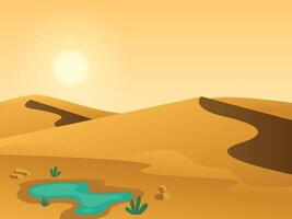 Oasis view in desert background. dry sand space with dunes vector