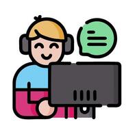 A man with headphones is sitting in front of a computer vector