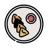 A plate with food on it and a red sauce vector