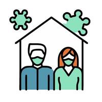 Illustration of a couple wearing masks in front of a house with a virus vector