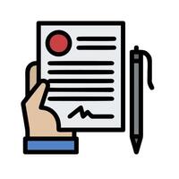 Hand holding a pen and paper with a document vector