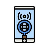 A phone with a magnifying glass and a globe icon vector