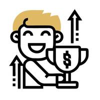 A man holding a trophy and an arrow pointing up vector
