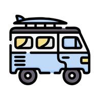 A van with a surfboard on top of it vector