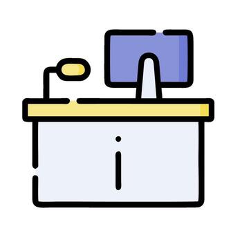 A desk with a computer monitor and keyboard vector