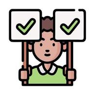 A man holding up two signs with check marks vector