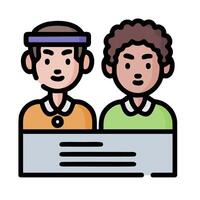 Two people sitting at a table with a sign on it vector