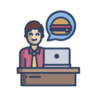 A man sitting at a desk with a laptop and a hamburger vector