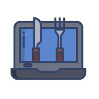 A laptop with a knife and fork on it vector