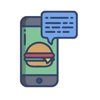 A hamburger is shown on a phone with a speech bubble vector