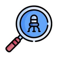 Magnifying glass icon with a bug on it vector