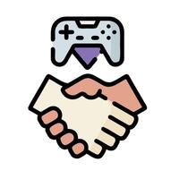 Two hands shaking hands with a controller in the middle vector