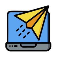 A paper airplane flying out of a laptop vector