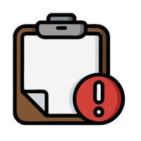 A clipboard with a red exclamation mark and a pen vector