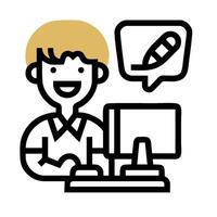 A man is sitting at a computer with a pen in his hand vector