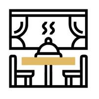 A restaurant table and chairs with a table and a window vector