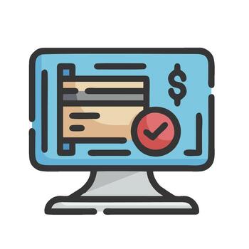 un computadora pantalla con un cheque marca y un dólar firmar vector