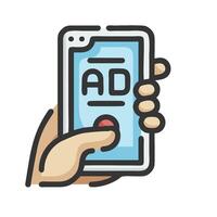 A hand holding a smartphone with an ad on it vector