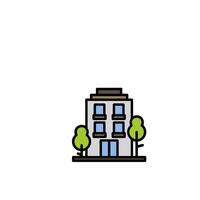 A building with trees and a tree in front of it vector