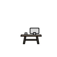 A computer and a cup of coffee on a table vector