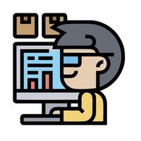 A man is working on a computer with a monitor and a bar chart vector