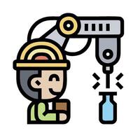 A robot is holding a bottle and a man is working on it vector