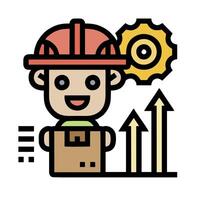 A cartoon man in a hard hat and helmet holding a box with arrows vector
