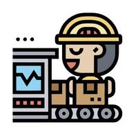 A cartoon man in a hard hat and helmet is working on a computer vector