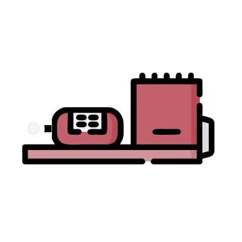 A red phone and a computer on a table vector
