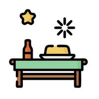 a table with food and a bottle of beer vector