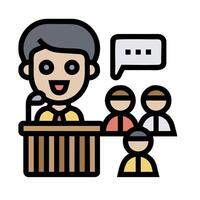 a man giving a speech at a podium with people around him vector