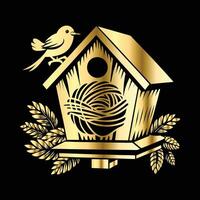 Gold birdhouse with bird and nest illustration vector