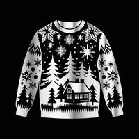 Christmas sweater with a house and trees on a black background vector