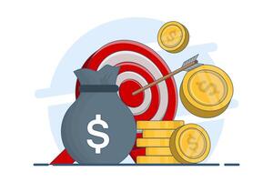 Financial Target Concept, Dart Target with Money Bag and Coin Stack. Dart Board with Darts and Money Bag. Business or Financial Target. Targeting Audience. Achievement and Success. Illustration. vector