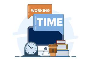 Working time concept. Time management. Scheduling work tasks, deadlines, working with computers. Work stress and work productivity. Optimizing business workflow. flat illustration. vector