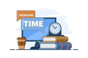 Working time concept. Time management. Scheduling work tasks, deadlines, working with computers. Work stress and work productivity. Optimizing business workflow. flat illustration. vector