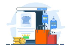 E-commerce website platform concept, Browse shopping from e-commerce website, Digital marketplace, Secure payment, Customer product rating, illustration with icons. vector