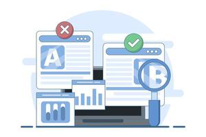 A and B testing concept, AB Testing landing page Website, AB Testing social media ads, AB testing analysis. flat illustration on background. vector