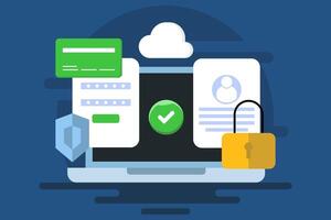 Data security system concept, Protecting data from cyber attacks, hacking, data breaches, Account access is protected with multi-layered security software, background illustration with icons. vector
