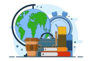 back to work concept, bag and books, office, businessman, education, back to work after break or leave. banner template, web, landing page. flat illustration on background. vector