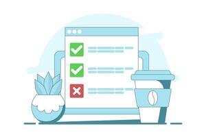 Computer concept with checklist. computer with check mark and cross. Online testing. Checklist and Check Mark on Screen. Check Mark and Options in Browser Window, Flat illustration. vector