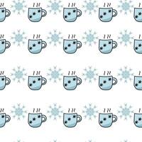 Seamless pattern doodle hot drink in a gentle blue cup with a snowflake is arranged in symmetrical horizontal rows together with ornate snowflakes on a white background, christmas mug vector