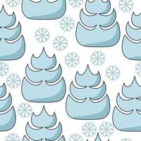 Seamless pattern with doodle Christmas trees and snowflakes of gentle blue color on a white background, winter Christmas forest vector