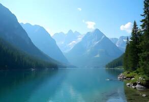 A lake surrounded by mountains and trees photo
