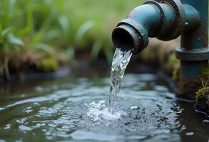 Water is flowing from a rusty pipe into a stream photo