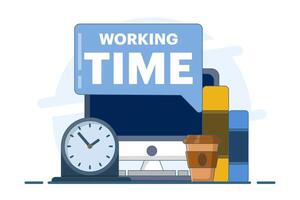 Working time concept. Time management. Scheduling work tasks, deadlines, working with computers. Work stress and work productivity. Optimizing business workflow. flat illustration. vector