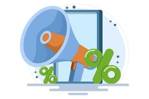 The concept of using a loudspeaker to communicate with customers about discounts and sales. Social media promotion and advertising concept. Flat illustration on the background. vector