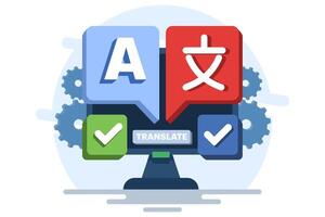 Translation concept, Translate language, Online translator mobile app on device, perform language translation. Flat illustration template on background. vector