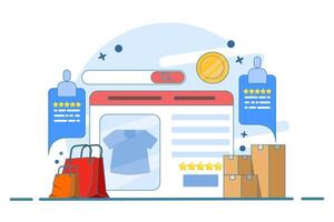 E-commerce website platform concept, Browse shopping from e-commerce website, Digital marketplace, Secure payment, Customer product rating, illustration with icons. vector