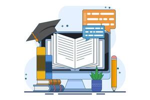 E-learning concept, Online education, digital library, e-book, classroom, online course tutorials and apps, university studies and back to school. Flat illustration on background. vector